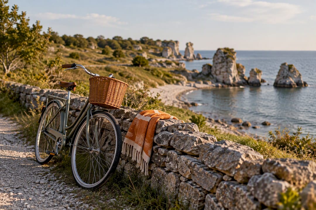 Cykel vid Gotlands kustled och raukar