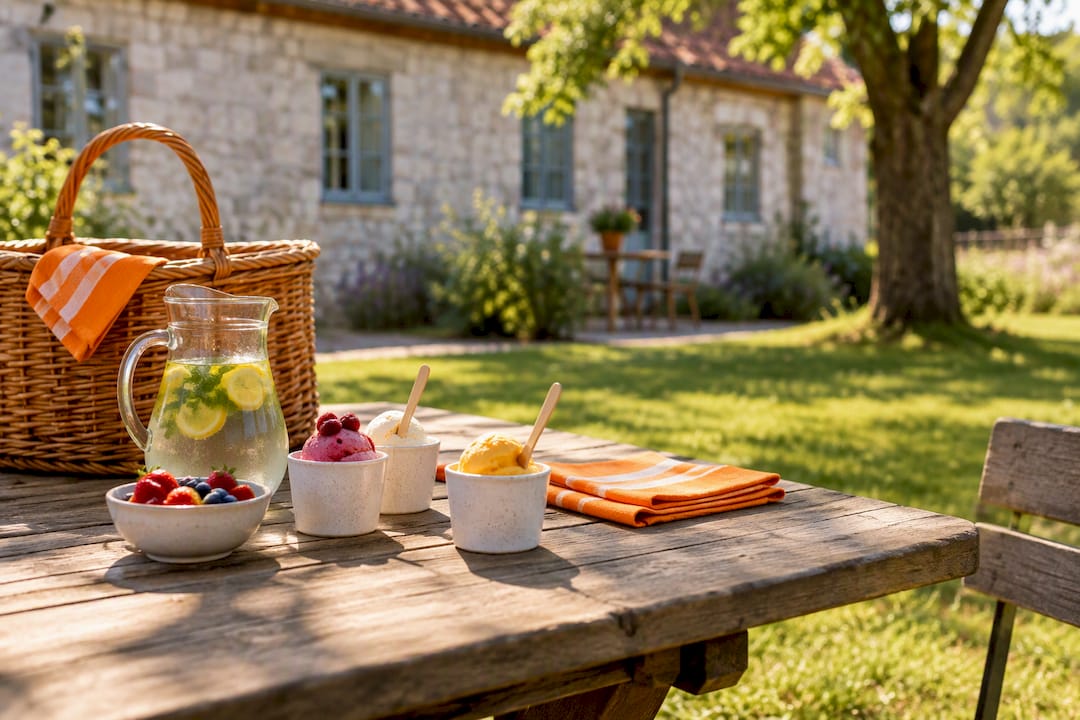 Fika utomhus med glass vid picknickbord
