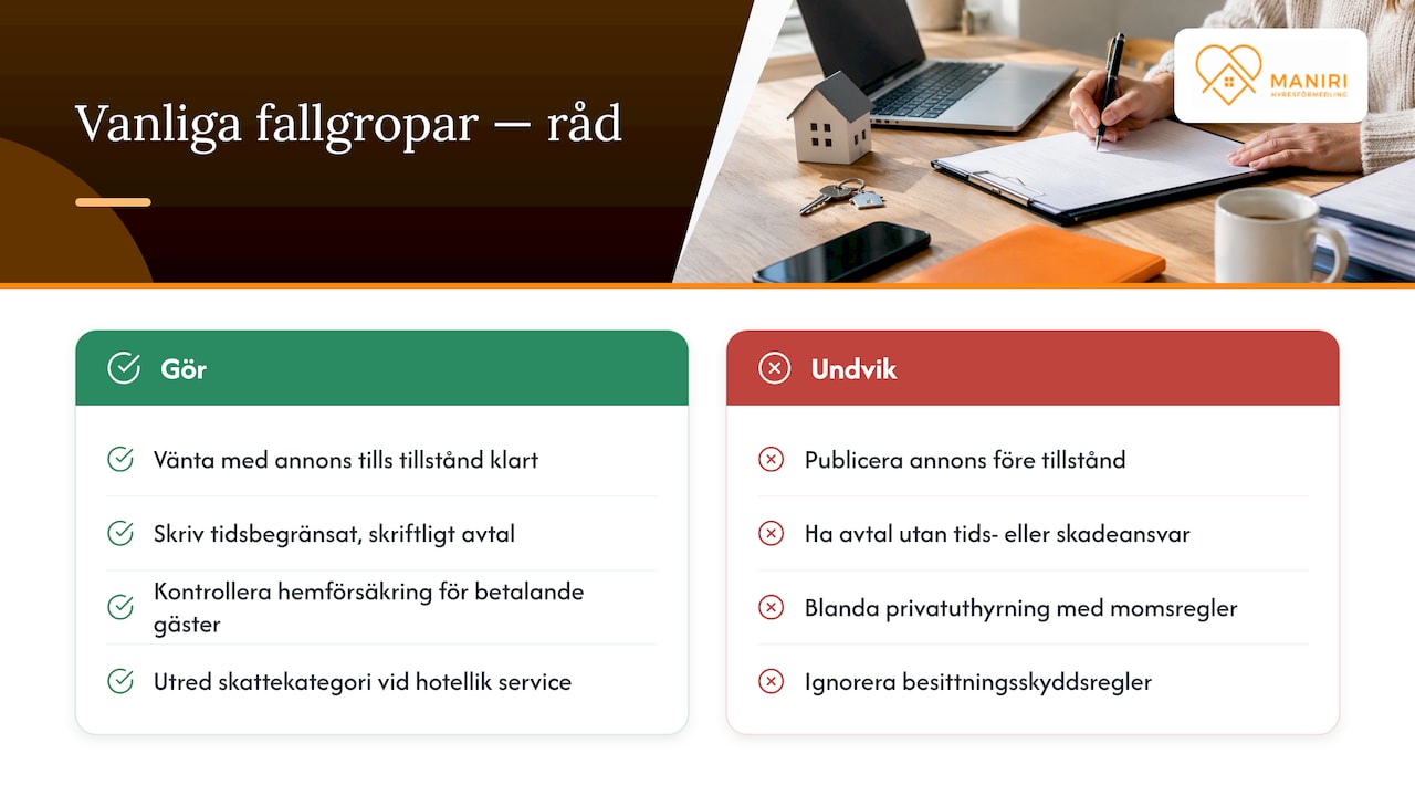 Vanliga fallgropar och juridiska risker vid korttidsuthyrning — overview diagram