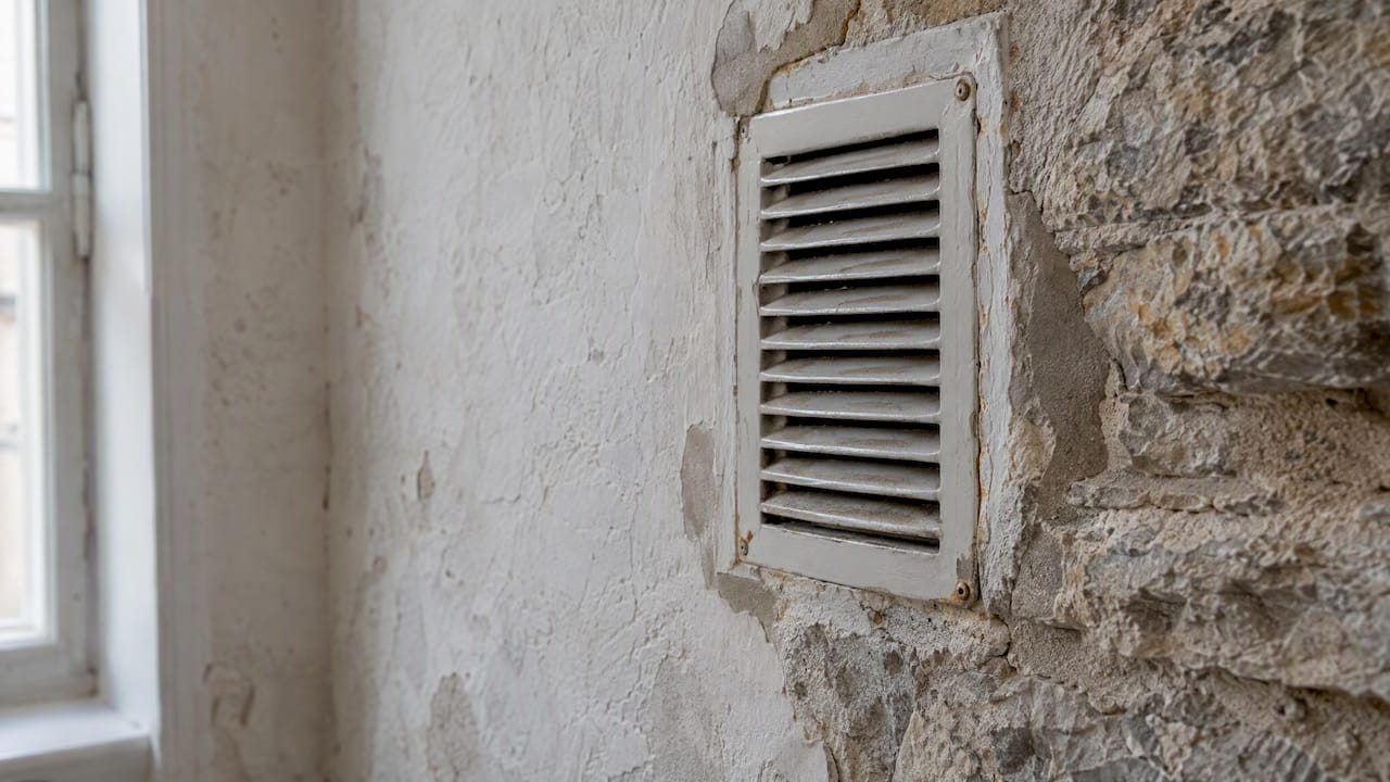 Ventilationsgaller i en äldre kalkstensvägg i Visby