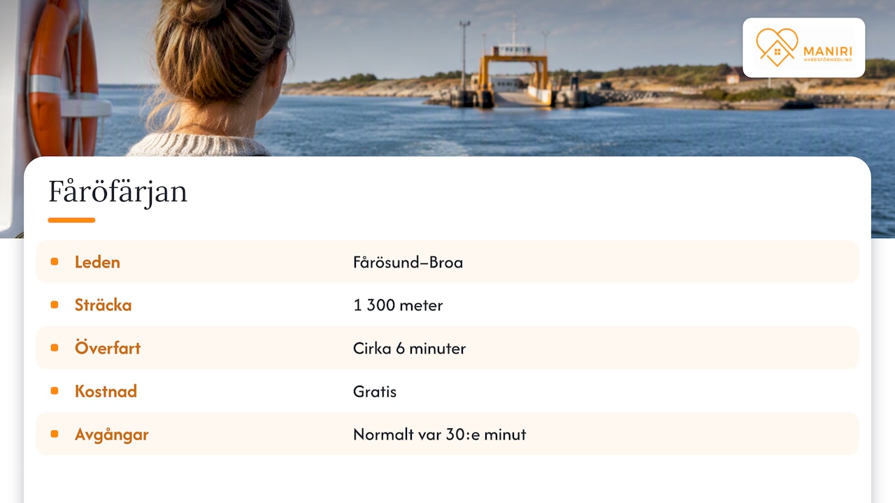 Färjeöverfartens sträcka, restid och avgångar
