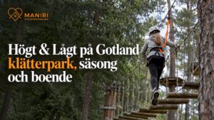 En klättrare på en repbro mellan tallar på Gotland