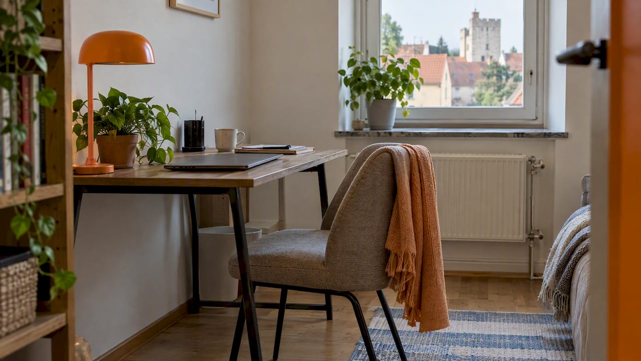 Enkel skrivbord och stol i ett hyrt hem